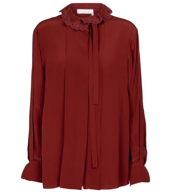 Chloé Embroidered tie-neck silk blouse