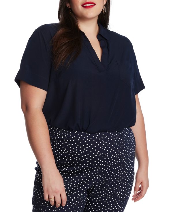 Court & Rowe Solid Patch Pocket Short Sleeve Collared V-Neck Blouse - Blue Night