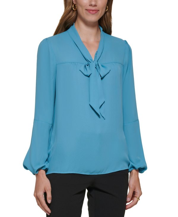 Dkny Petite Cinched Sleeve Bow Tie Blouse - Mineral Blue