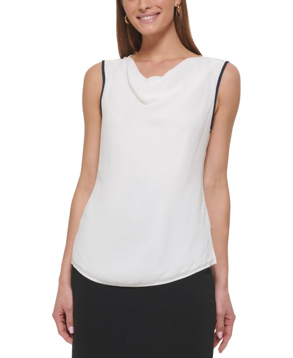 Dkny Petite Cowl Neck Sleeveless Contrast-Trim Blouse, Created for Macy's - White/Navy