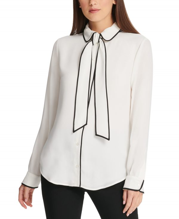 Dkny Piped Trim Tie Front Blouse - Linen White/Black