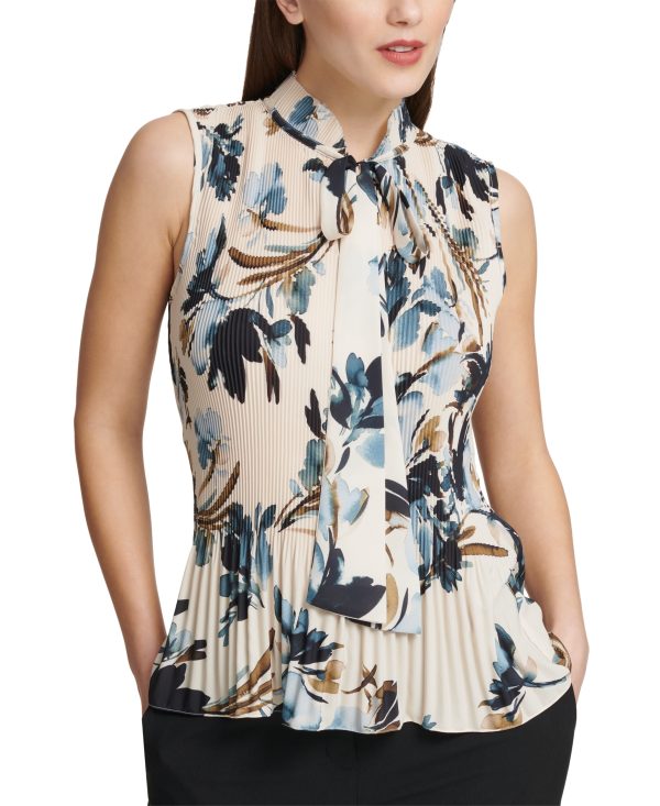 Dkny Pleated Floral-Print Sleeveless Blouse - Pearl