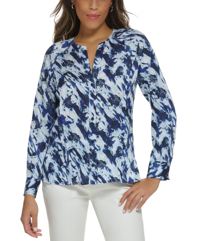 Donna Karan Women's Printed Split-Neck Button Blouse - Navy