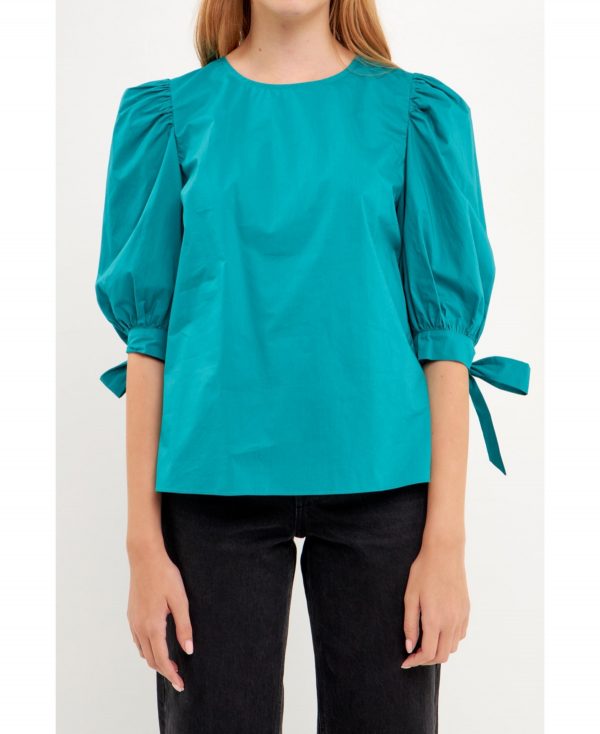 English Factory Women's Bow Banded Puff Sleeve Blouse - Teal