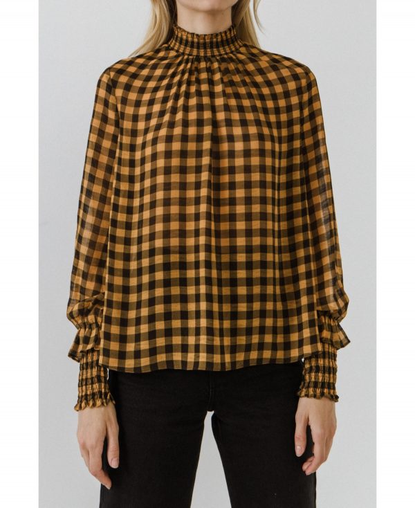 English Factory Women's Checker Blouse with Mock Neck - Yellow/black