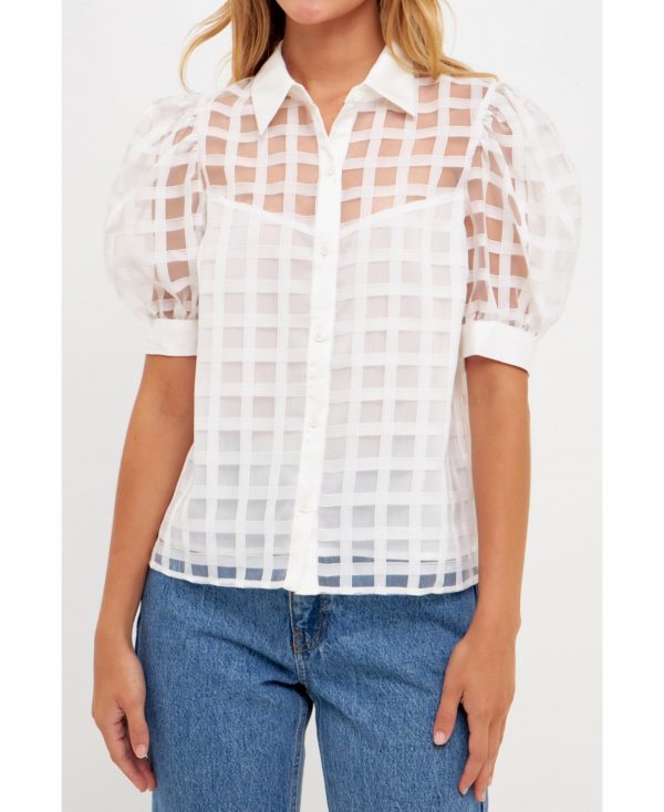 English Factory Women's Short Sleeve Organza Grid Blouse - White
