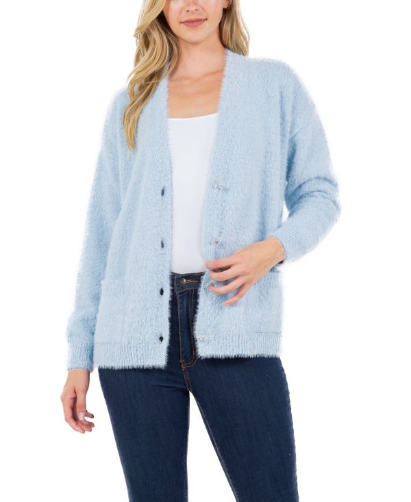 Fever Women's Feather Cardigan Sweater with Jewel Button - Cashmere Blue