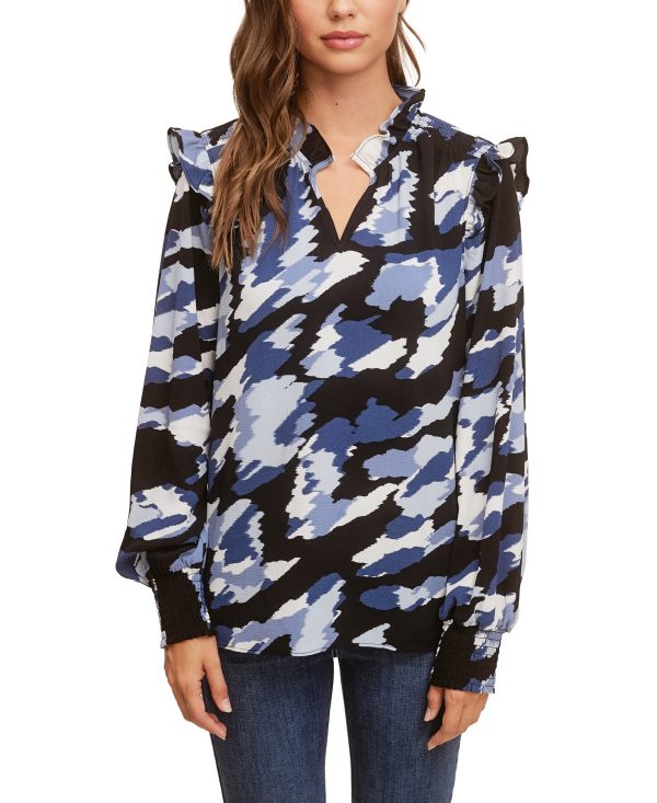 Fever Women's Printed Blouse with Ruffle Detail - Insignia Blue Blurrred Lin