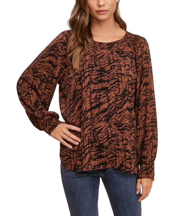 Fever Women's Printed Soft Crepe Blouse with Smocking - Brown, Black