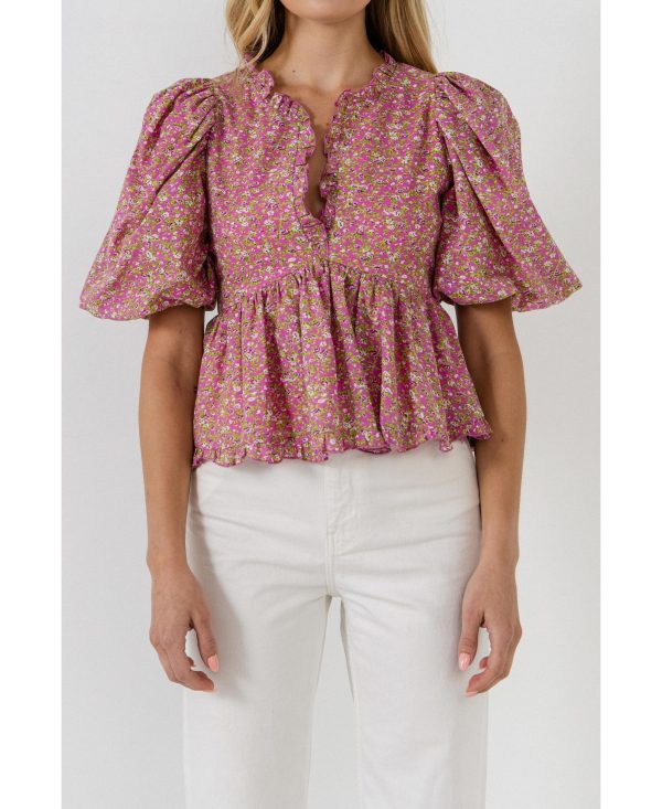 Free the Roses Women's Puff Sleeve Ruffled V Blouse - Pink