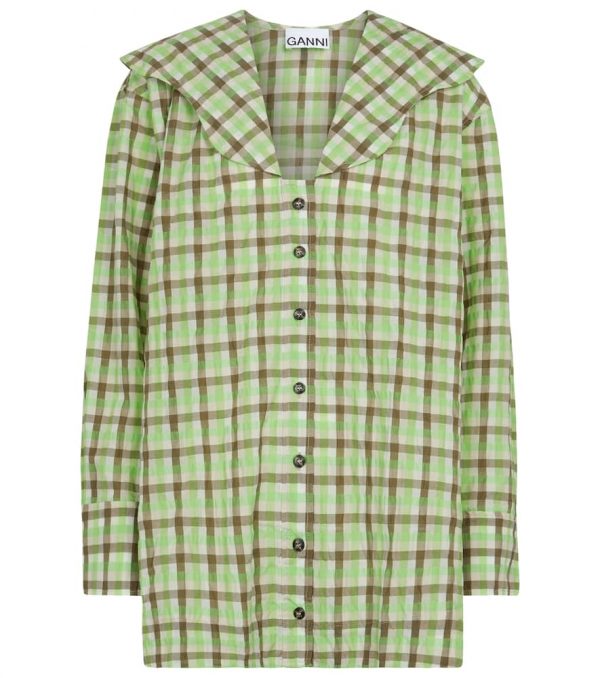 Ganni Seersucker organic cotton-blend blouse