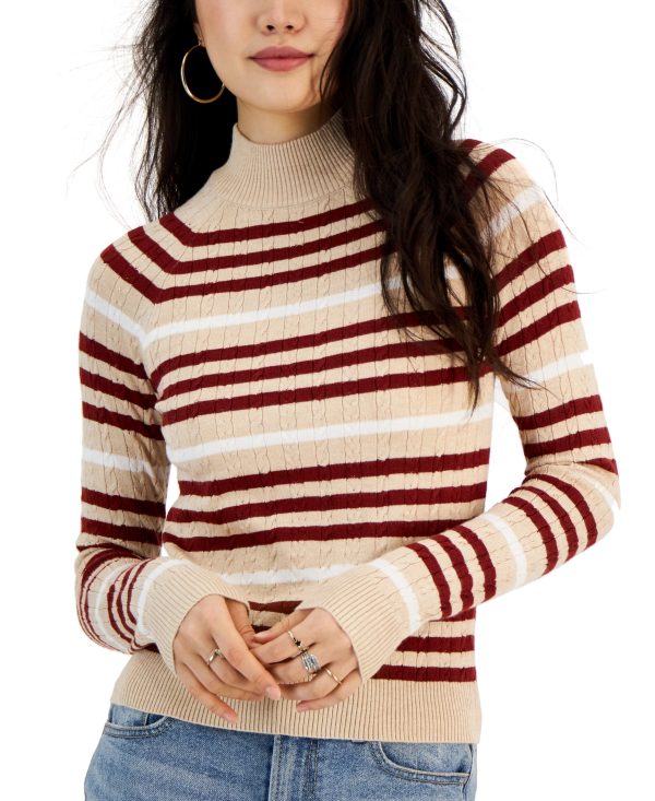 Hooked Up by Iot Juniors' Striped Mini-Cable Mock Neck Sweater - Cashmere Sand Combo