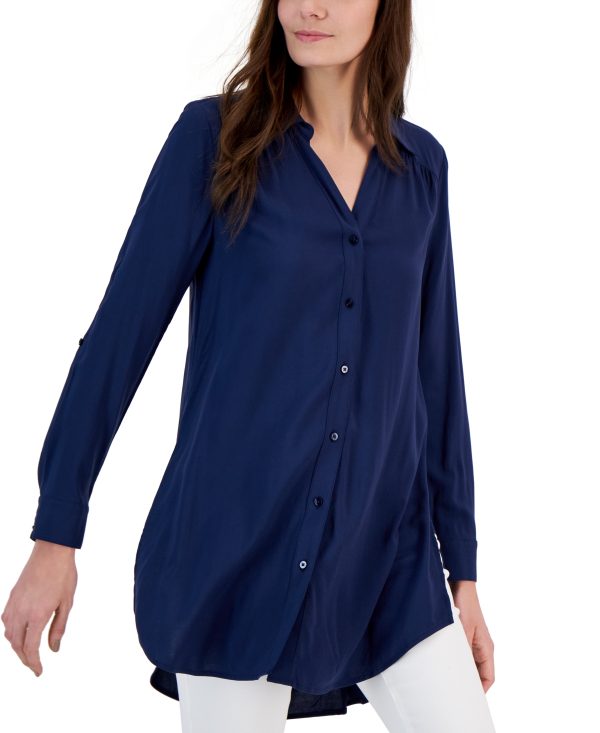 I.n.c. International Concepts Petite Roll-Tab Button-Down Long Blouse, Created for Macy's - Indigo Sea