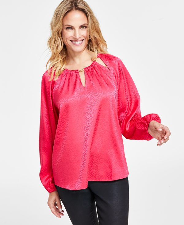 I.n.c. International Concepts Petite Satin Jacquard Blouse, Created for Macy's - Virtual Pink