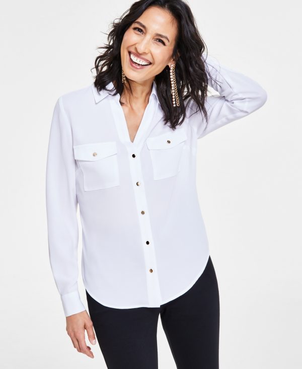 I.n.c. International Concepts Women's Collared Button-Down Blouse, Created for Macy's - Bright White