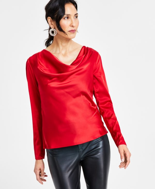 I.n.c. International Concepts Women's Cowl Neck Long-Sleeve Blouse, Created for Macy's - Red Zenith