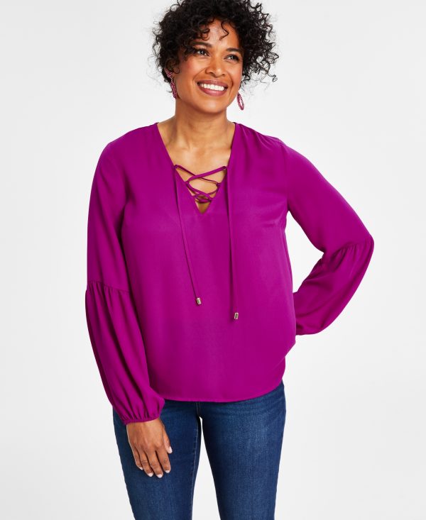 I.n.c. International Concepts Women's Lace-Up V-Neck Blouse, Created for Macy's - Burnished Berry