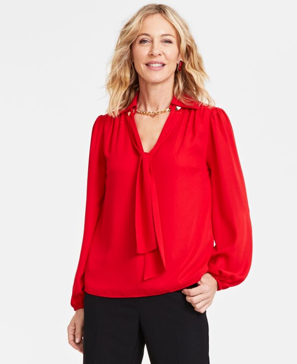 I.n.c. International Concepts Women's Long-Sleeve Chain-Neck Blouse, Created for Macy's - Red Zenith