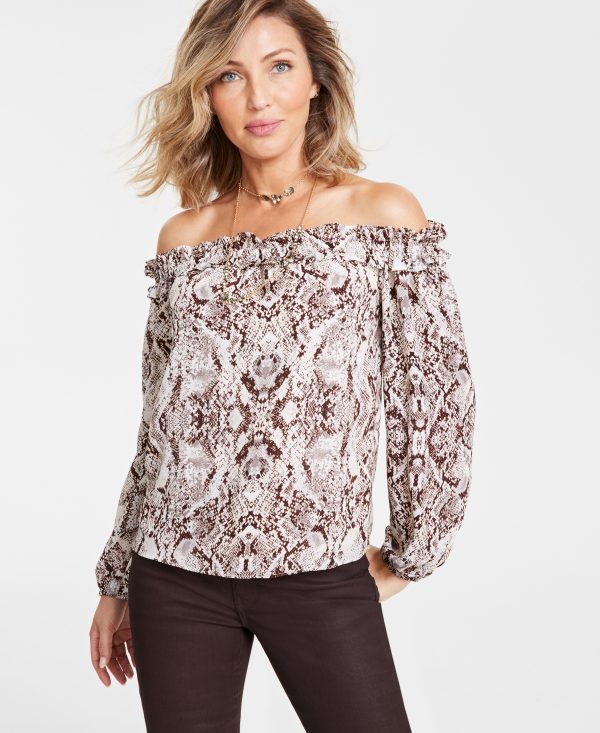 I.n.c. International Concepts Women's Long-Sleeve Off-The-Shoulder Blouse, Created for Macy's - Audrey Snake