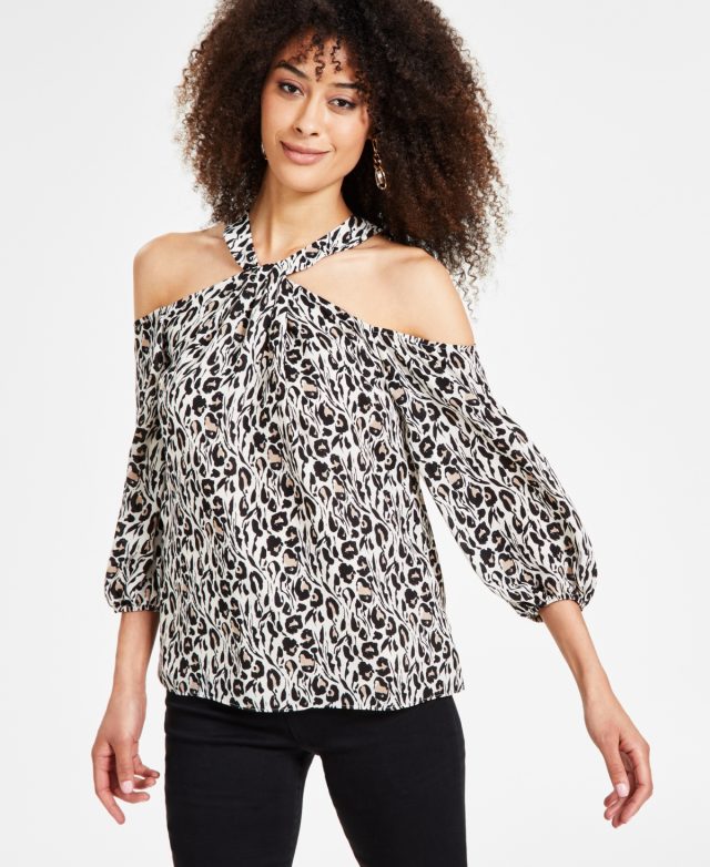 I.n.c. International Concepts Women's Printed Cold-Shoulder Blouse, Created for Macy's - Painted Animal