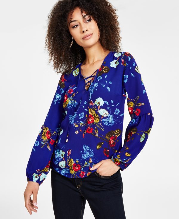 I.n.c. International Concepts Women's Printed Lace-Up V-Neck Blouse, Created for Macy's - Twilight Bouquet