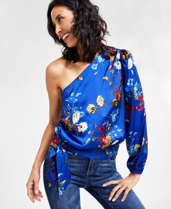 I.n.c. International Concepts Women's Printed Satin One-Shoulder Side-Tie Blouse, Created for Macy's - Twilight Bouquet