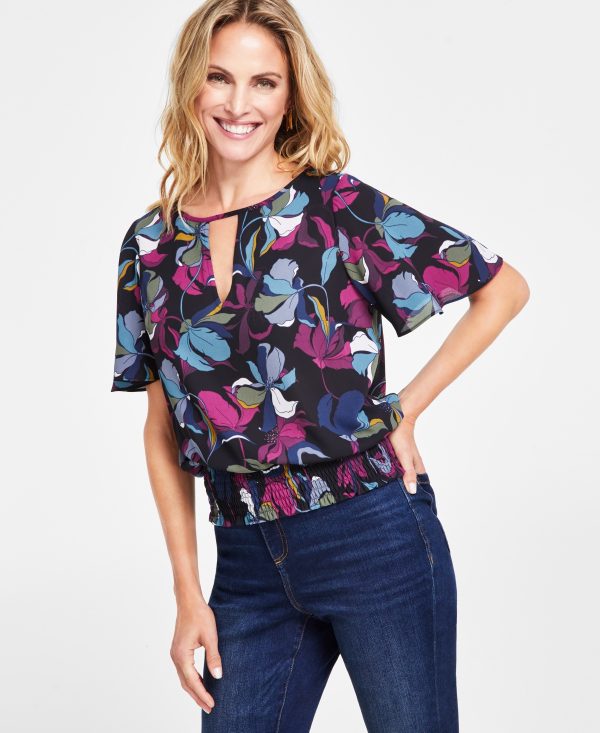 I.n.c. International Concepts Women's Printed Smocked-Hem Blouse, Created for Macy's - Zoey Garden