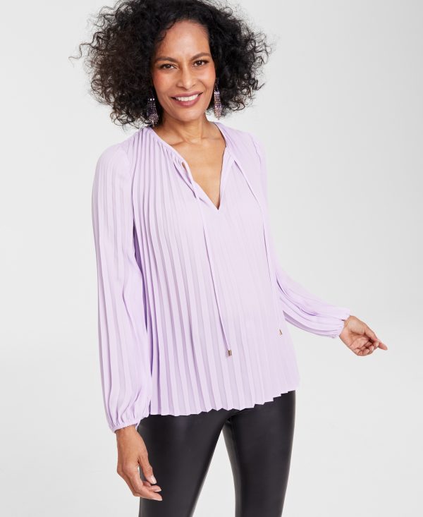 I.n.c. International Concepts Women's Tie-Neck Pleated Blouse, Created for Macy's - Lavender Pool