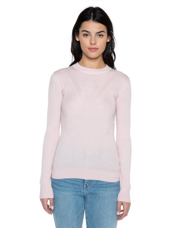 Jennie Liu Tissue Weight 55% Silk 45% Cashmere Ribbed Long Sleeve Crew Neck Sweater - Petal pink
