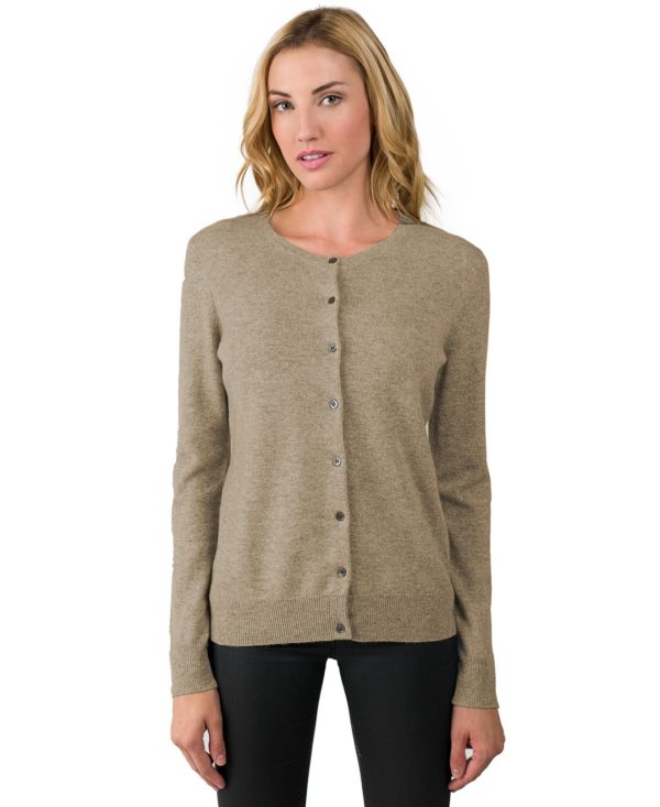 Jennie Liu Women's 100% Cashmere Button Front Long Sleeve Crewneck Cardigan Sweater - Toffee