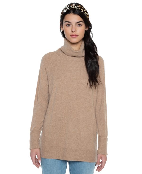 Jennie Liu Women's 100% Pure Cashmere Cowl-neck Raglan Tunic High-low Sweater - Camel