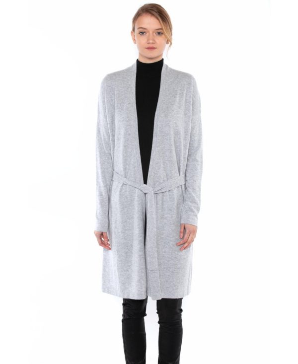 Jennie Liu Women's 100% Pure Cashmere Long Sleeve Belted Lux Wrap Cardigan Robe Sweater - Grey