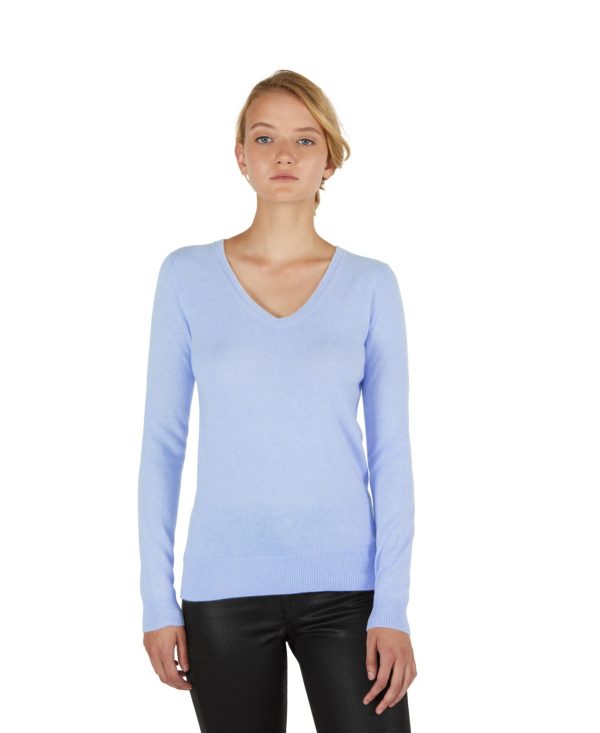 Jennie Liu Women's 100% Pure Cashmere Long Sleeve Pullover V Neck Sweater - Crystal blue