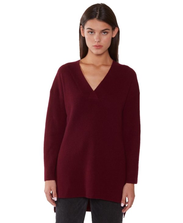 Jennie Liu Women's 100% Pure Cashmere Long Sleeve Ribbed Tunic Sweater - Burgundy