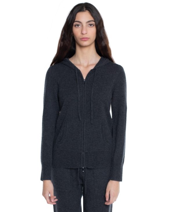 Jennie Liu Women's 100% Pure Cashmere Long Sleeve Zip Hoodie Cardigan Sweater - Dark charcoal