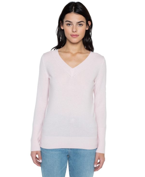 Jennie Liu Women's Petites 100% Pure Cashmere Long Sleeve Ava V Neck Pullover Sweater - Petal pink