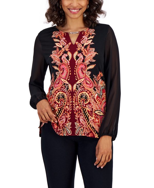 Jm Collection Petite Chiffon-Sleeve Crystal-Trim Blouse, Created for Macy's - Deep Black Combo