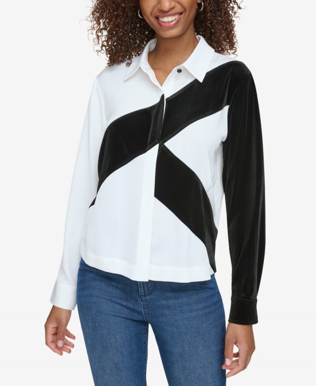 Karl Lagerfeld Paris Women's Large K Logo Velvet Blouse - White/ Black