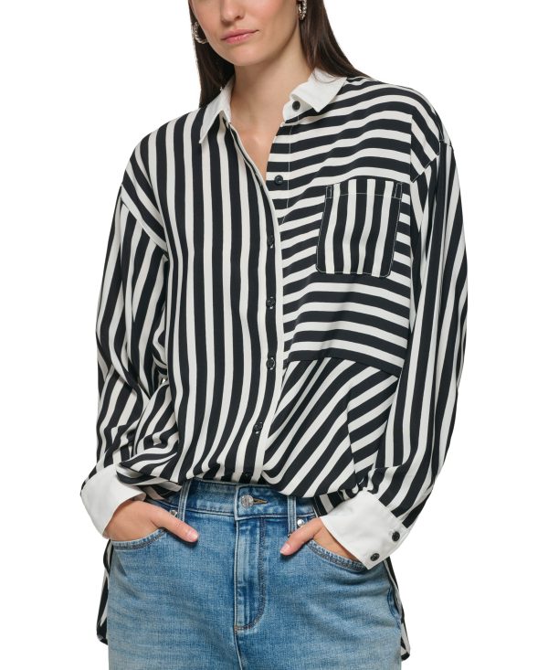 Karl Lagerfeld Paris Women's Striped Button-Down Blouse - Black/ Soft White