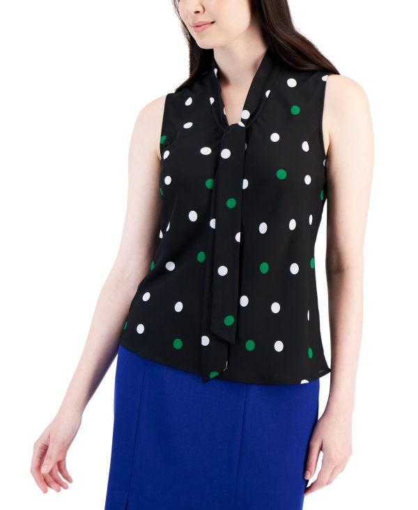 Kasper Women's Dot-Print Sleeveless Tie-Neck Blouse - Black/Pepper Green