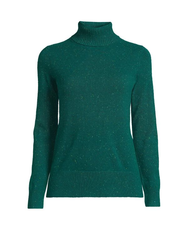 Lands' End Women's Tall Cashmere Turtleneck Sweater - Bright evergreen donegal