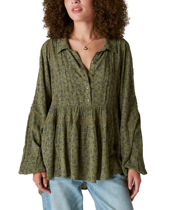Lucky Brand Women's Floral Popover Blouse - Dusty Olive Floral