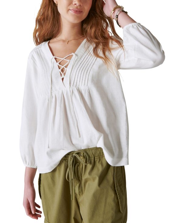 Lucky Brand Women's Lace Up Peasant Blouse - Cloud Dancer