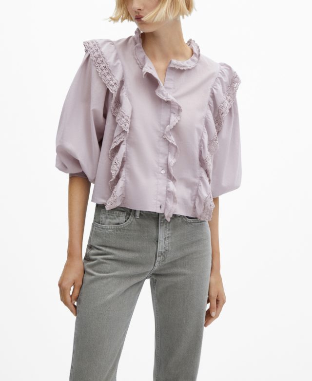 Mango Women's Cotton Ruffled Lace Blouse - Light, Pastel Purple