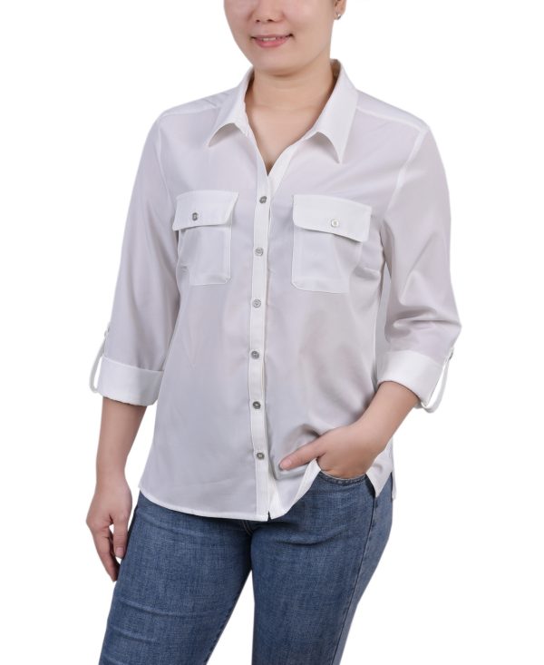 Ny Collection Petite 3/4 Roll Tab Blouse with Pockets - Ivory