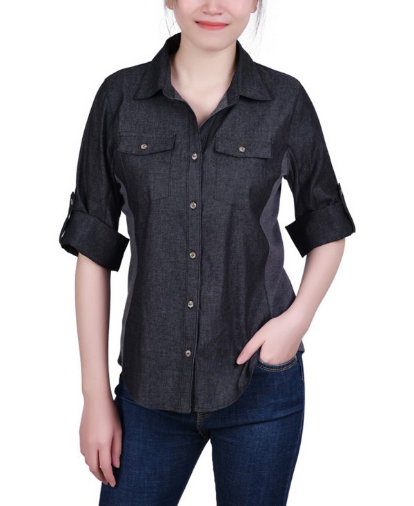 Ny Collection Petite 3/4 Roll Tab Chambray Blouse - Black Knitdenim