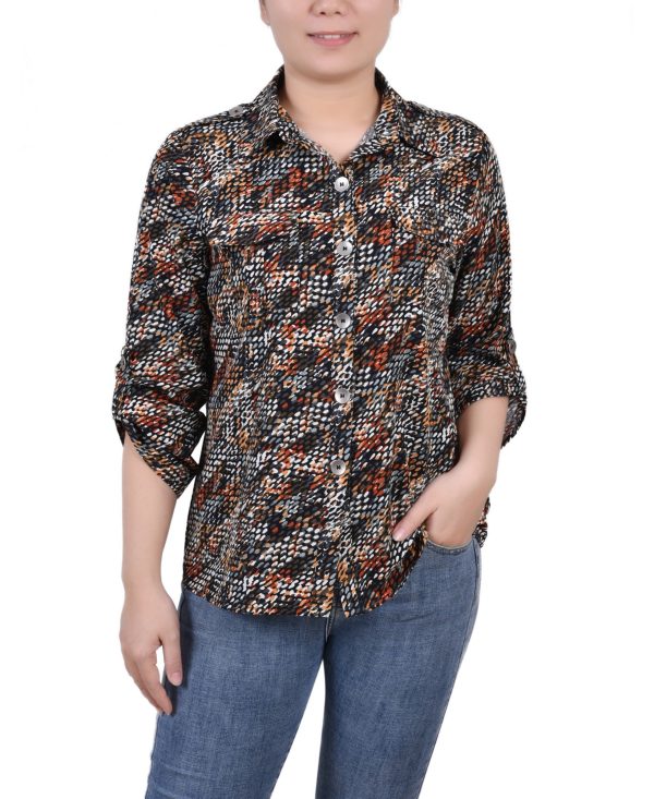 Ny Collection Petite 3/4 Sleeve Roll Tab Blouse - Black Gray Rust Geo