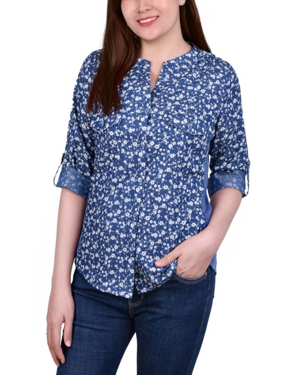 Ny Collection Petite 3/4 Sleeve Roll Tab Chambray Blouse - Ditsy Floral