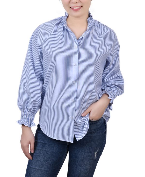 Ny Collection Petite Cinch Sleeve Button Front Blouse - Blue Torterella