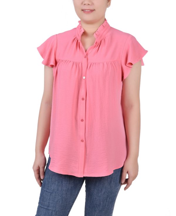 Ny Collection Petite Flutter Sleeve Ruffle Neck Blouse - Conch Shell